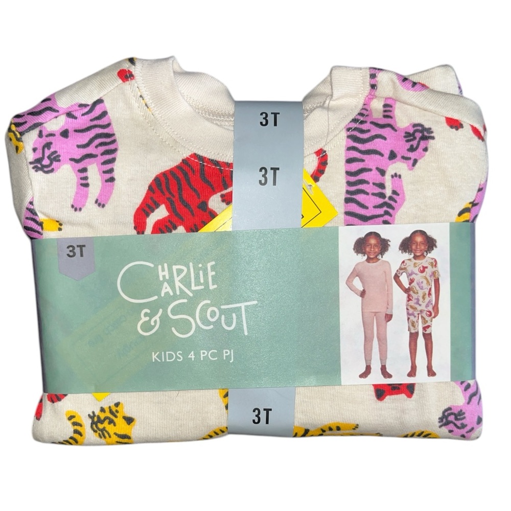 Girls' 4-Piece Tiger Print Pajama Set - Cream with Pink, Red & Yellow